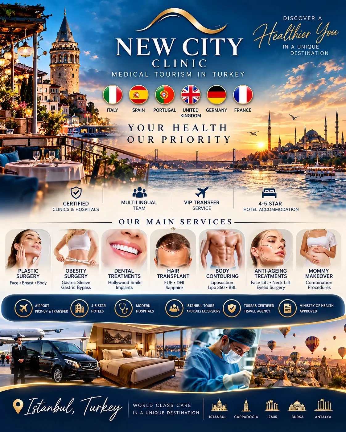 Póster de New City Clinic – turismo de salud en Estambul: cirugía plástica, bariátrica, dental, trasplante capilar, traslado VIP y hotel